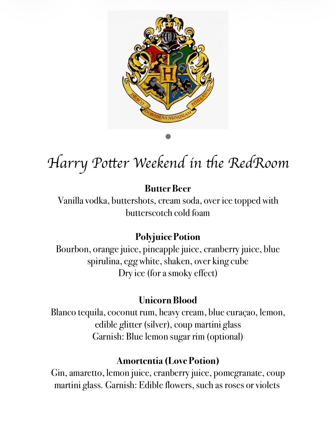 Harry Potter Menu Event